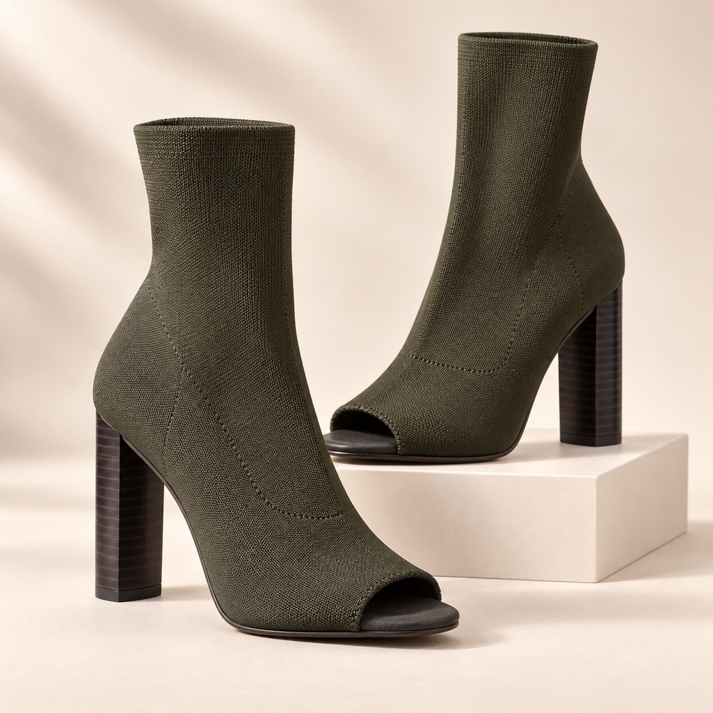 JustFab Brianna Olive Knit Peep Toe Sock Booties Block Heel 9.5 Worn once